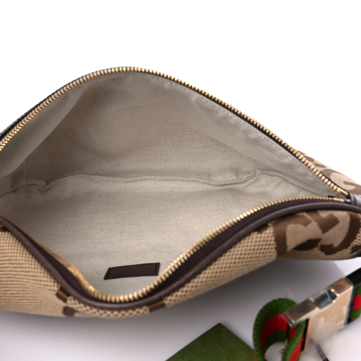 Gucci Monogram Jumbo GG Textured Dollar Calfskin Web Belt Bag Camel Ebony New Acero 5 of 9