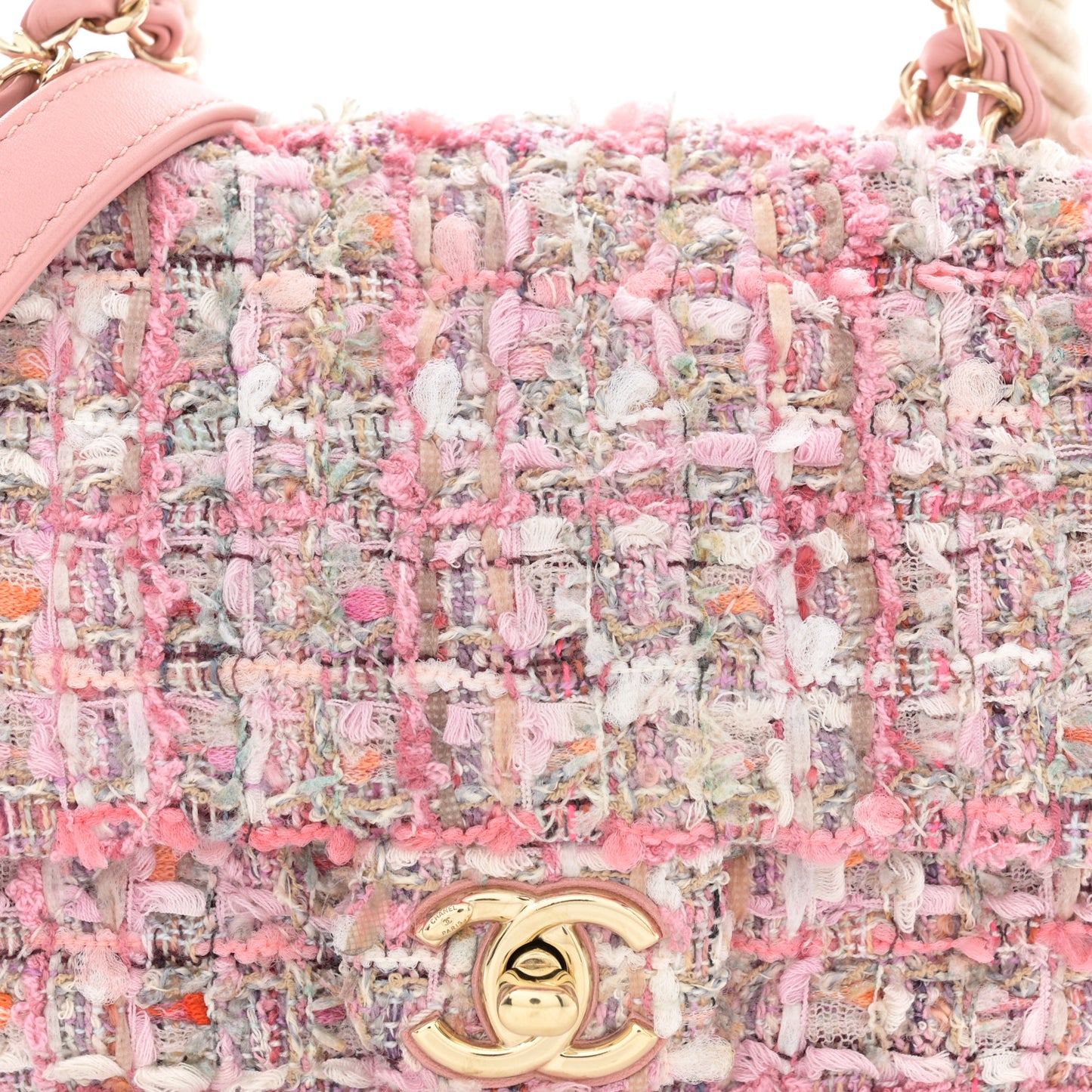 Tweed Mini Pearl Handle Flap Pink Beige Orange Ecru