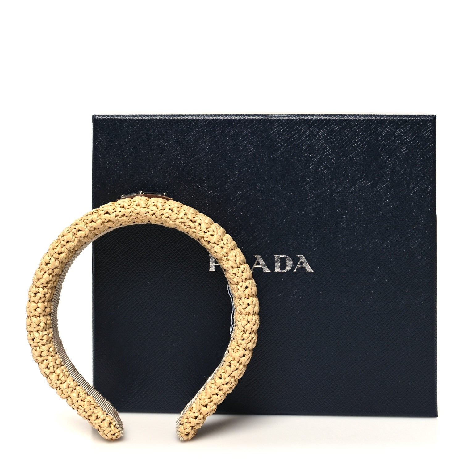 Prada Yarn Raffia Effect Crochet Metal Triangle Logo Headband Naturale 5 of 5