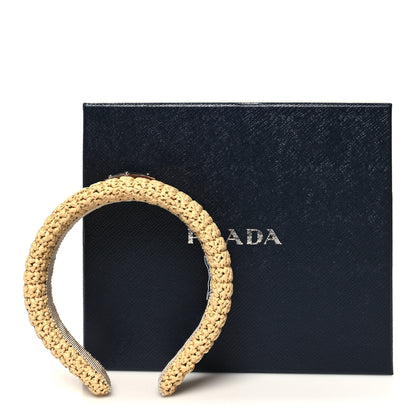 Prada Yarn Raffia Effect Crochet Metal Triangle Logo Headband Naturale 5 of 5