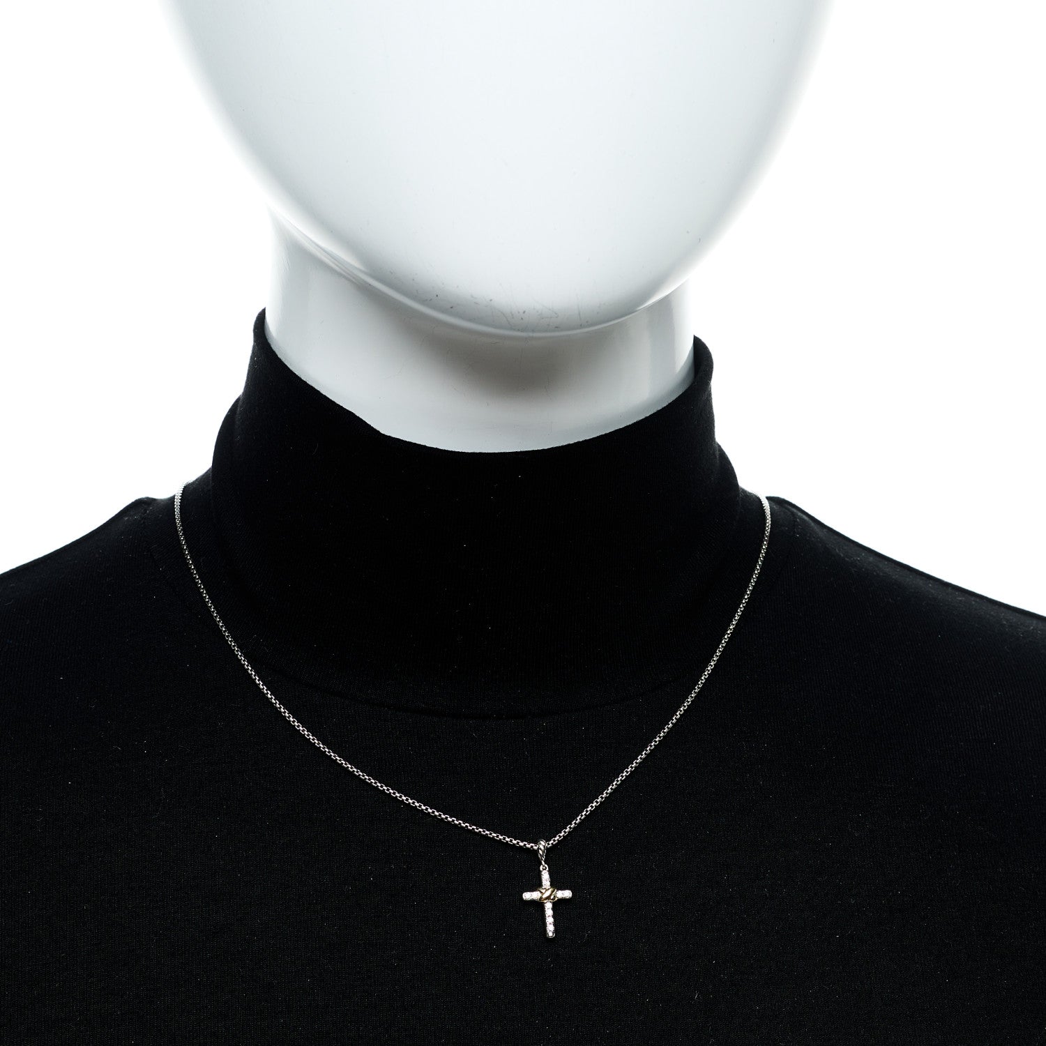 David Yurman Sterling Silver 18K Yellow Gold Diamond Petite Cross Pendant Necklace 2 of 5