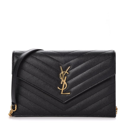 Saint Laurent Grain De Poudre Matelasse Chevron Monogram Envelope Chain Wallet Black 1 of 7