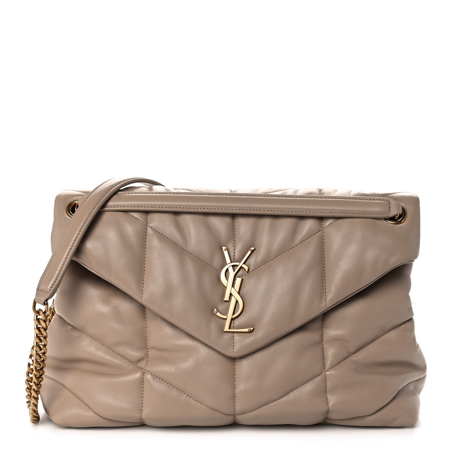 Saint Laurent Lambskin Quilted Medium Loulou Puffer Monogram Chain Satchel Dark Beige 1 of 13