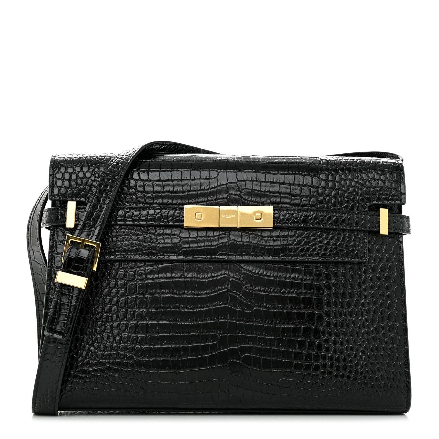 Saint Laurent Shiny Calfskin Crocodile Embossed Manhattan Baguette Black 1 of 12