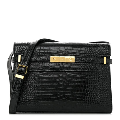 Saint Laurent Shiny Calfskin Crocodile Embossed Manhattan Baguette Black 1 of 12