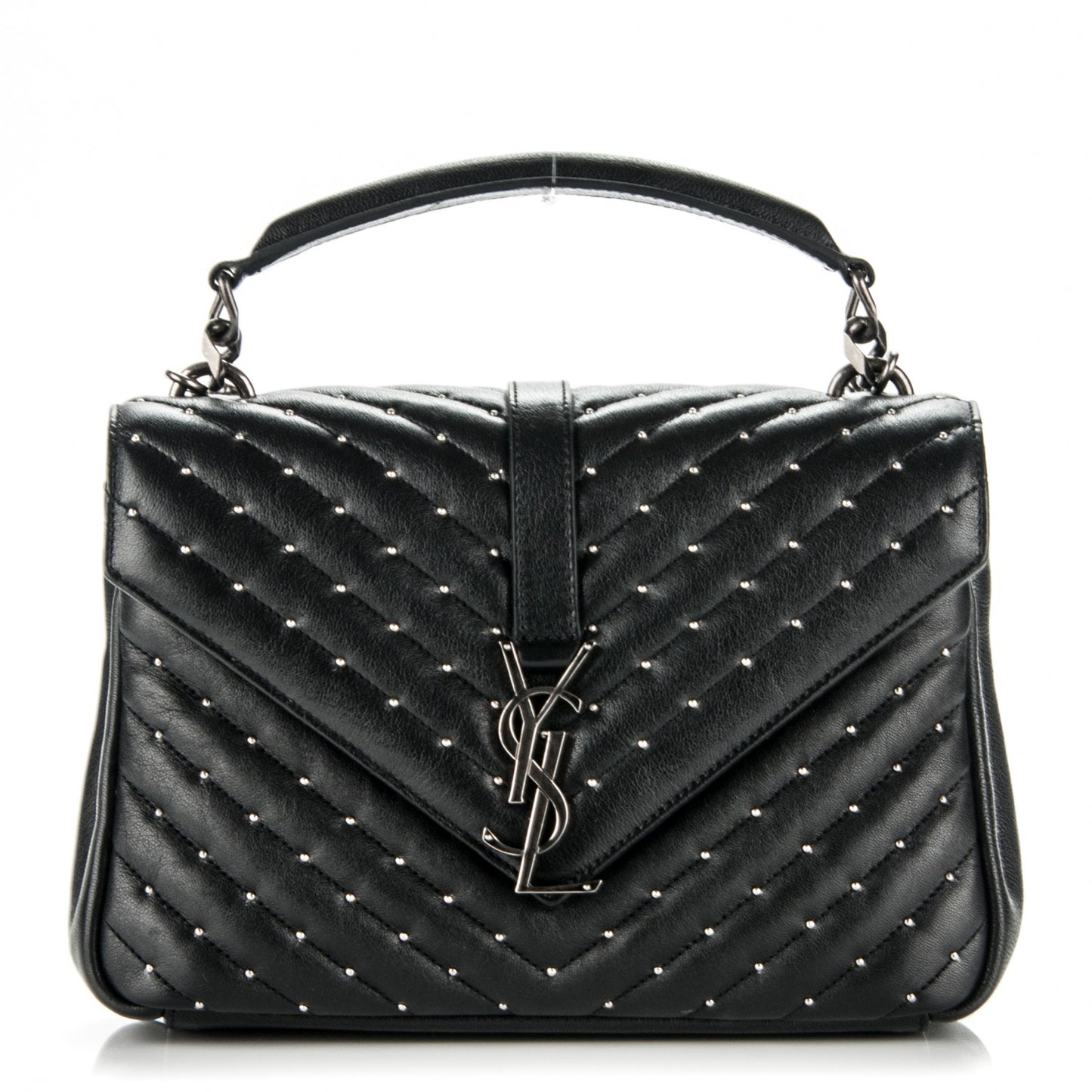 Lambskin Matelasse Chevron Studded Monogram Medium College Bag Black