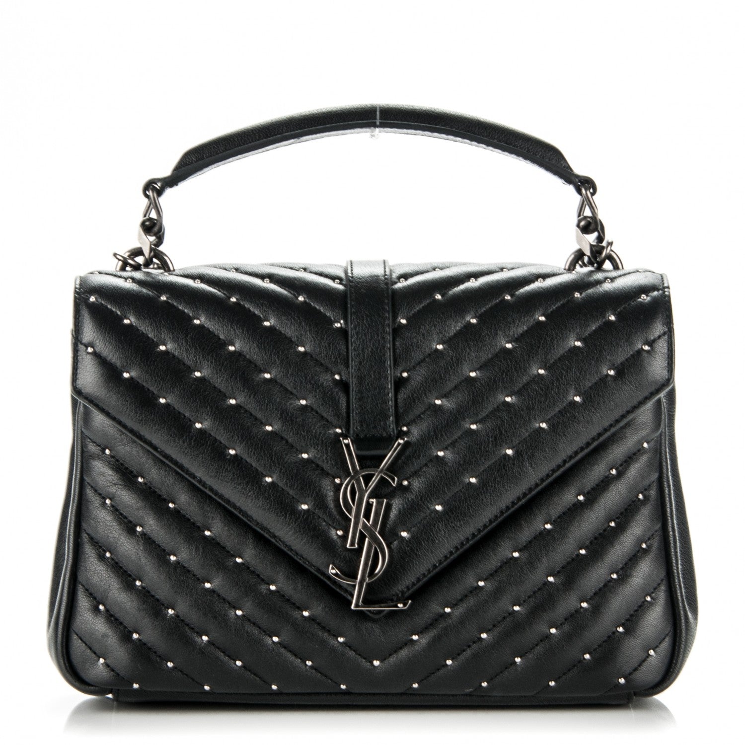 Saint Laurent Lambskin Matelasse Chevron Studded Monogram Medium College Bag Black 1 of 6