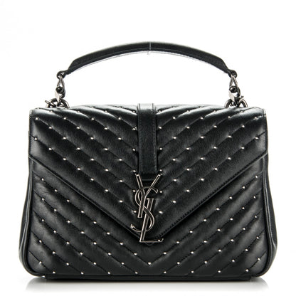 Saint Laurent Lambskin Matelasse Chevron Studded Monogram Medium College Bag Black 1 of 6