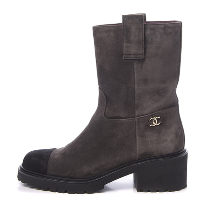 Chanel Suede Calfskin CC Cap Toe Boots 38.5 Black Brown 1 of 10