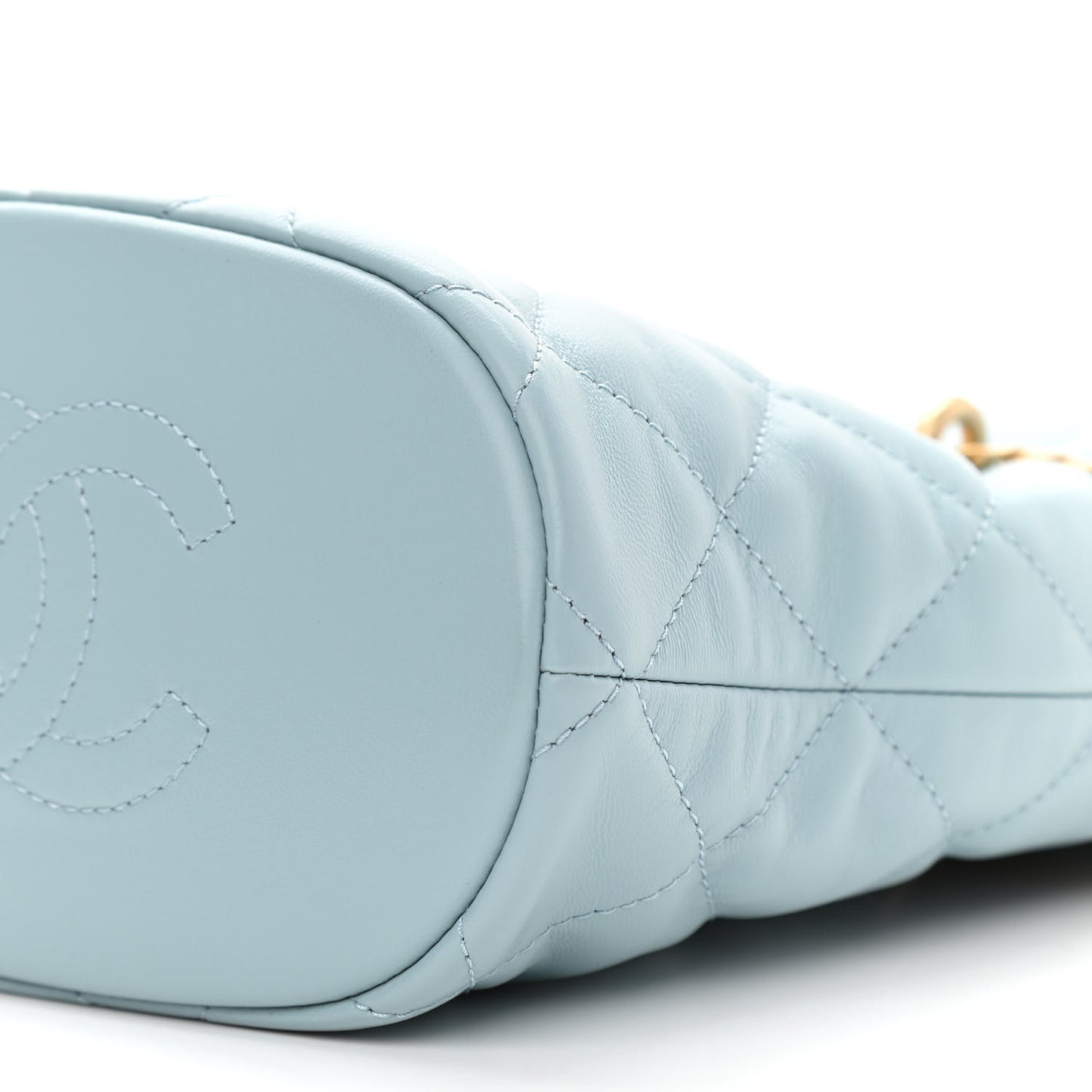 Lambskin Enamel Quilted Pending CC Mini Bucket Bag Light Blue