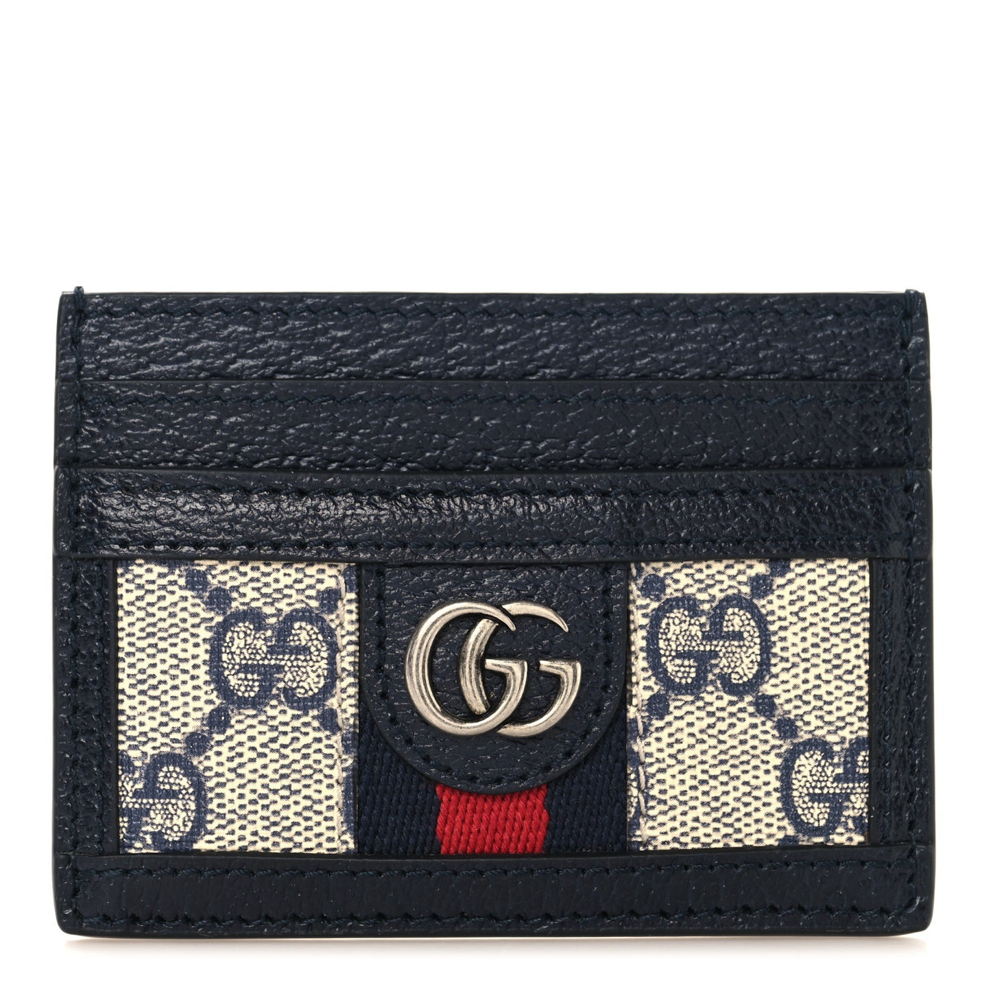 GG Supreme Monogram Textured Dollar Calfskin Web Ophidia Card Holder Beige Blue