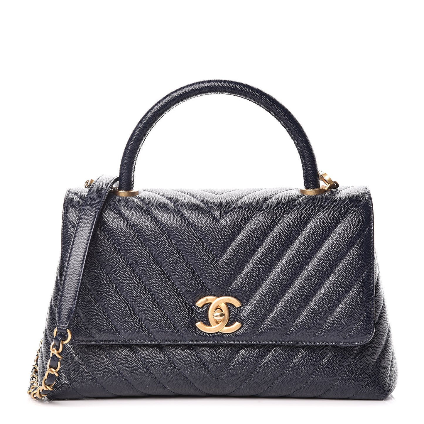 Caviar Chevron Quilted Small Coco Handle Flap Navy