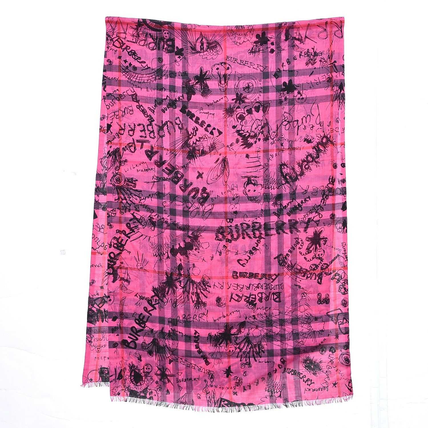 Burberry Wool Silk Gauze Giant Check Doodle Text Print Scarf Neon Pink 3 of 5