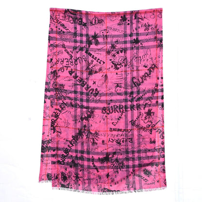 Burberry Wool Silk Gauze Giant Check Doodle Text Print Scarf Neon Pink 3 of 5
