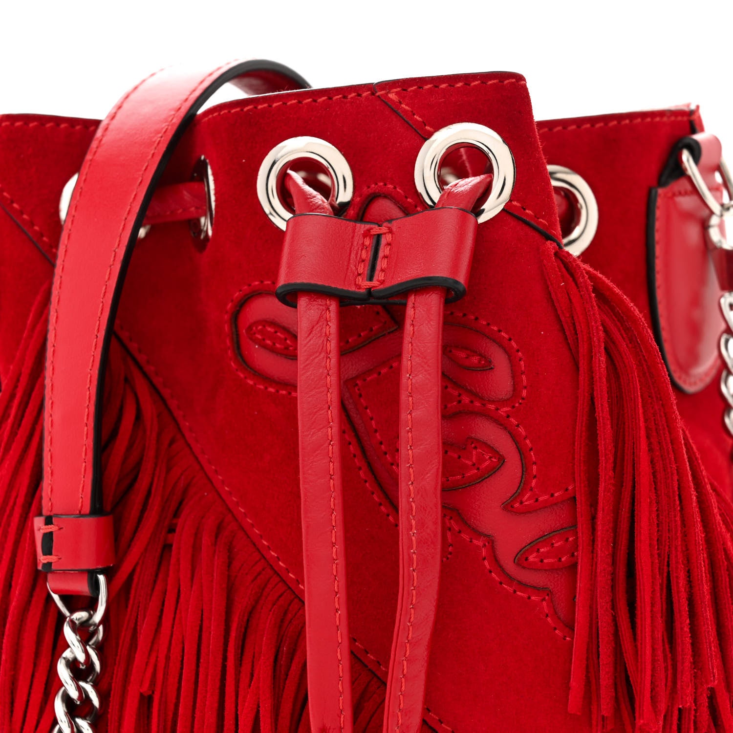 Christian Louboutin Suede Calfskin Fringe Marie Jane Bucket Red 7 of 13
