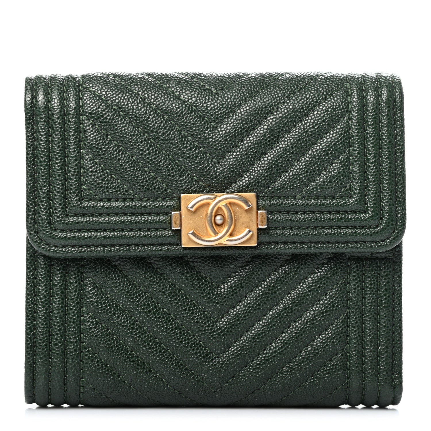 Chanel Metallic Caviar Chevron Quilted Boy Flap Card Holder Green 1 of 7