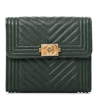 Chanel Metallic Caviar Chevron Quilted Boy Flap Card Holder Green 1 of 7