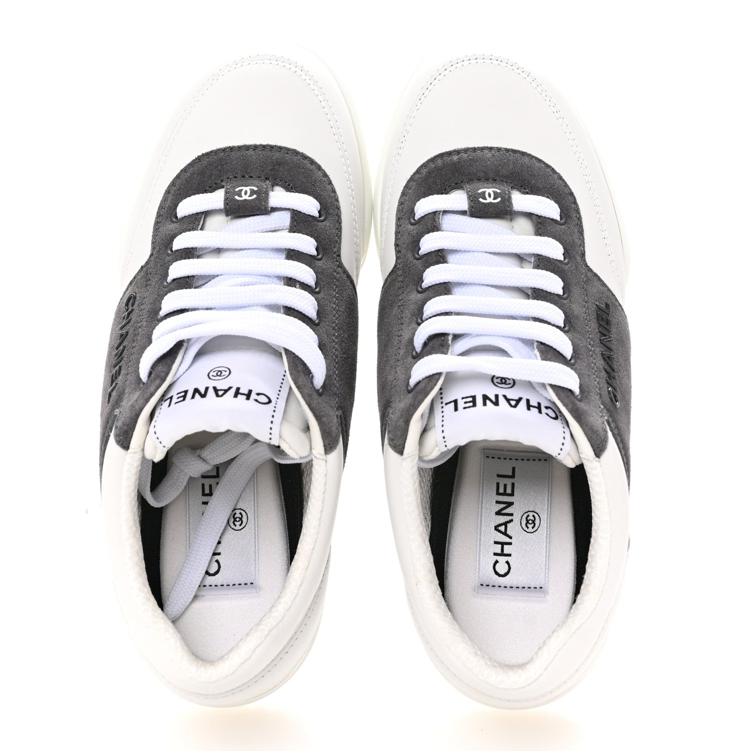 Chanel Calfskin Suede Calfskin Logo Womens Sneakers 35 White Gray 2 of 10