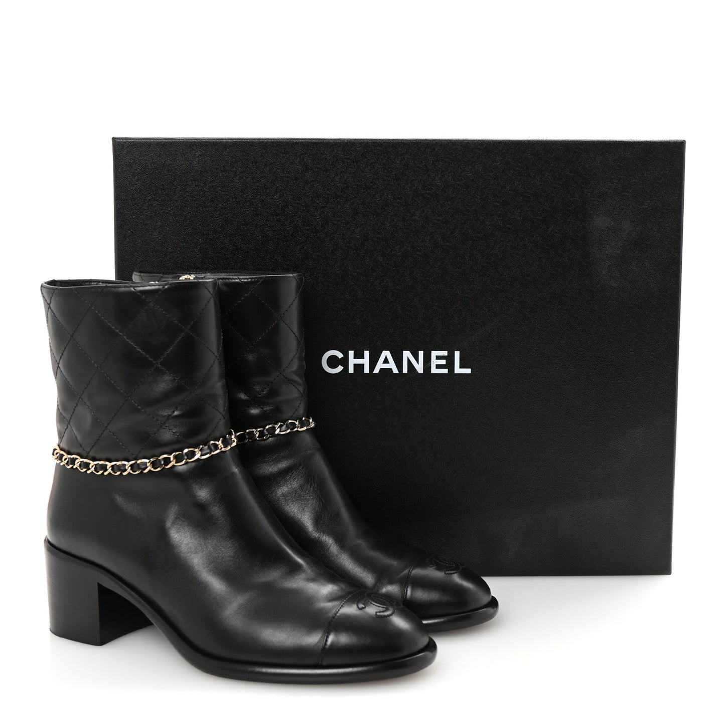 Calfskin Chain CC Cap Toe Short Boots 37.5 Black