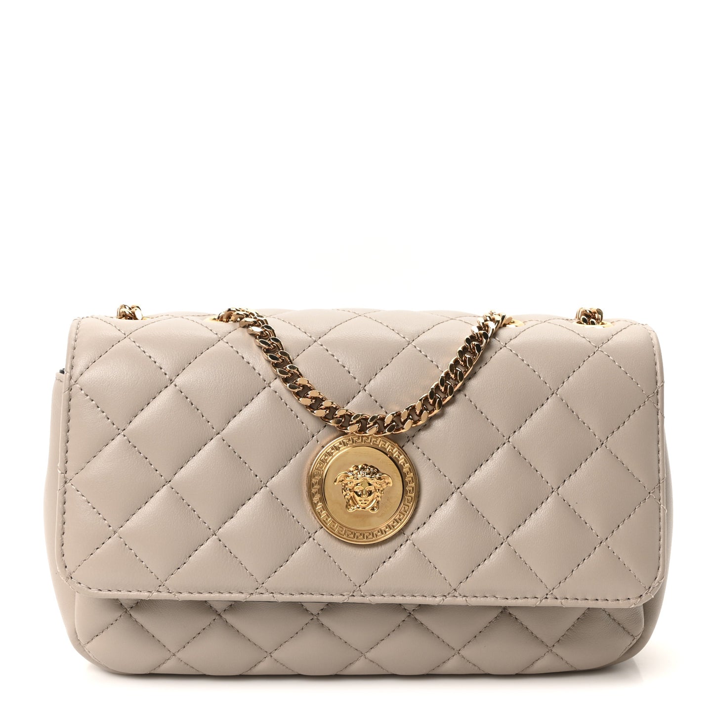 Nappa Quilted Medusa Medium Chain Crossbody Taupe