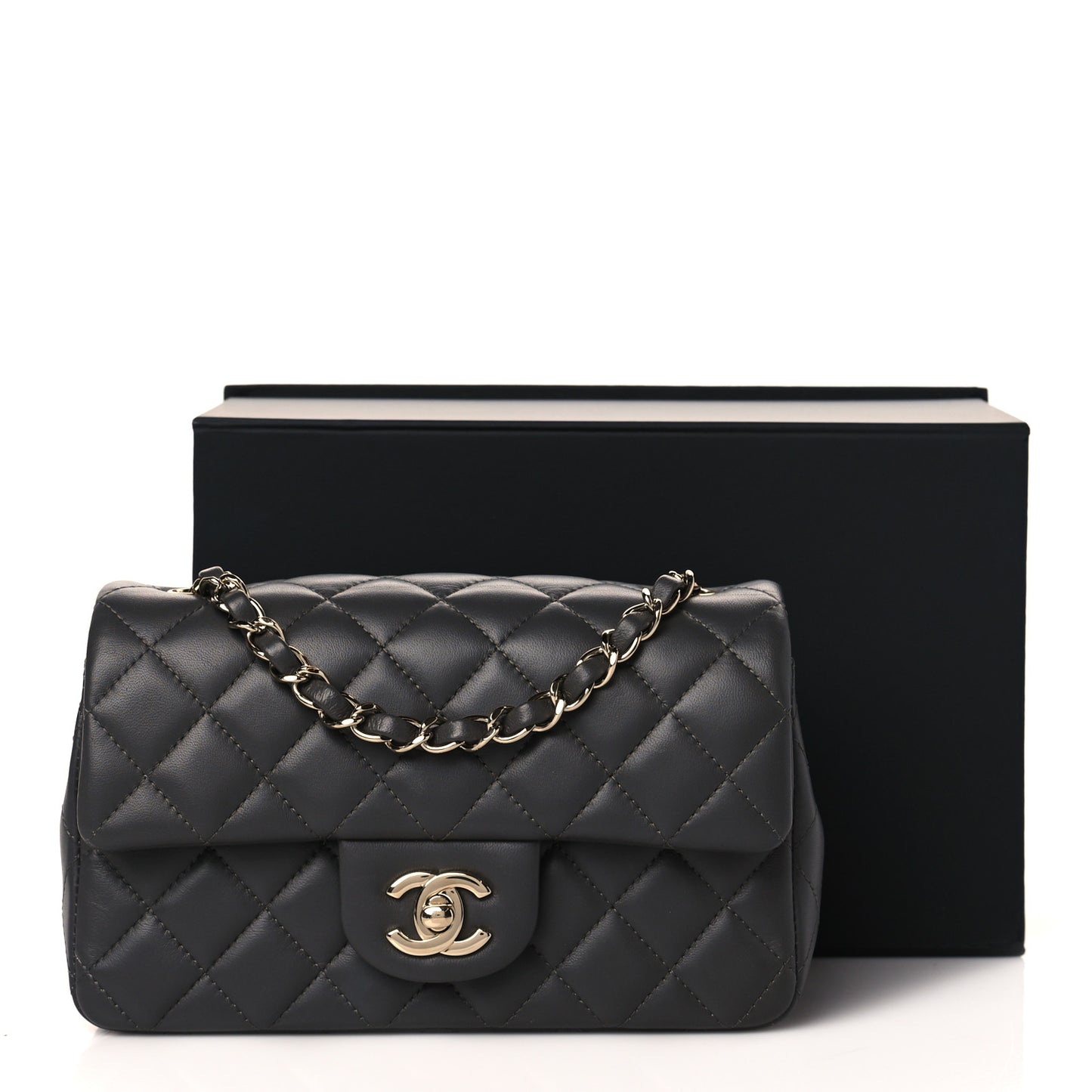 Lambskin Quilted Mini Rectangular Flap Dark Grey