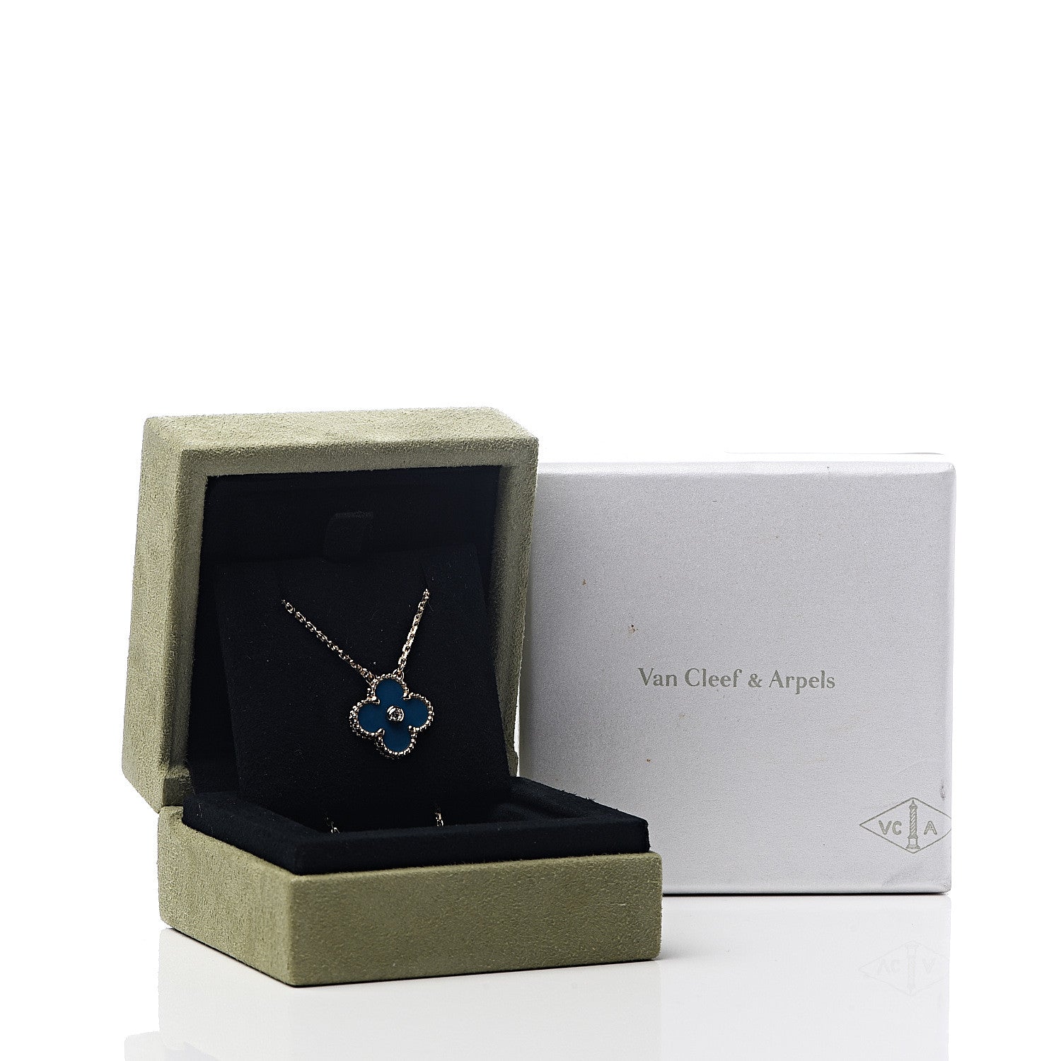 Van Cleef & Arpels 18K Yellow Gold Diamond Celestial Blue Sevres Porcelain Vintage Alhambra Pendant Necklace 5 of 5
