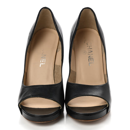 Chanel Lambskin Cork Chain CC Peep Toe Pumps 37 Black 2 of 8