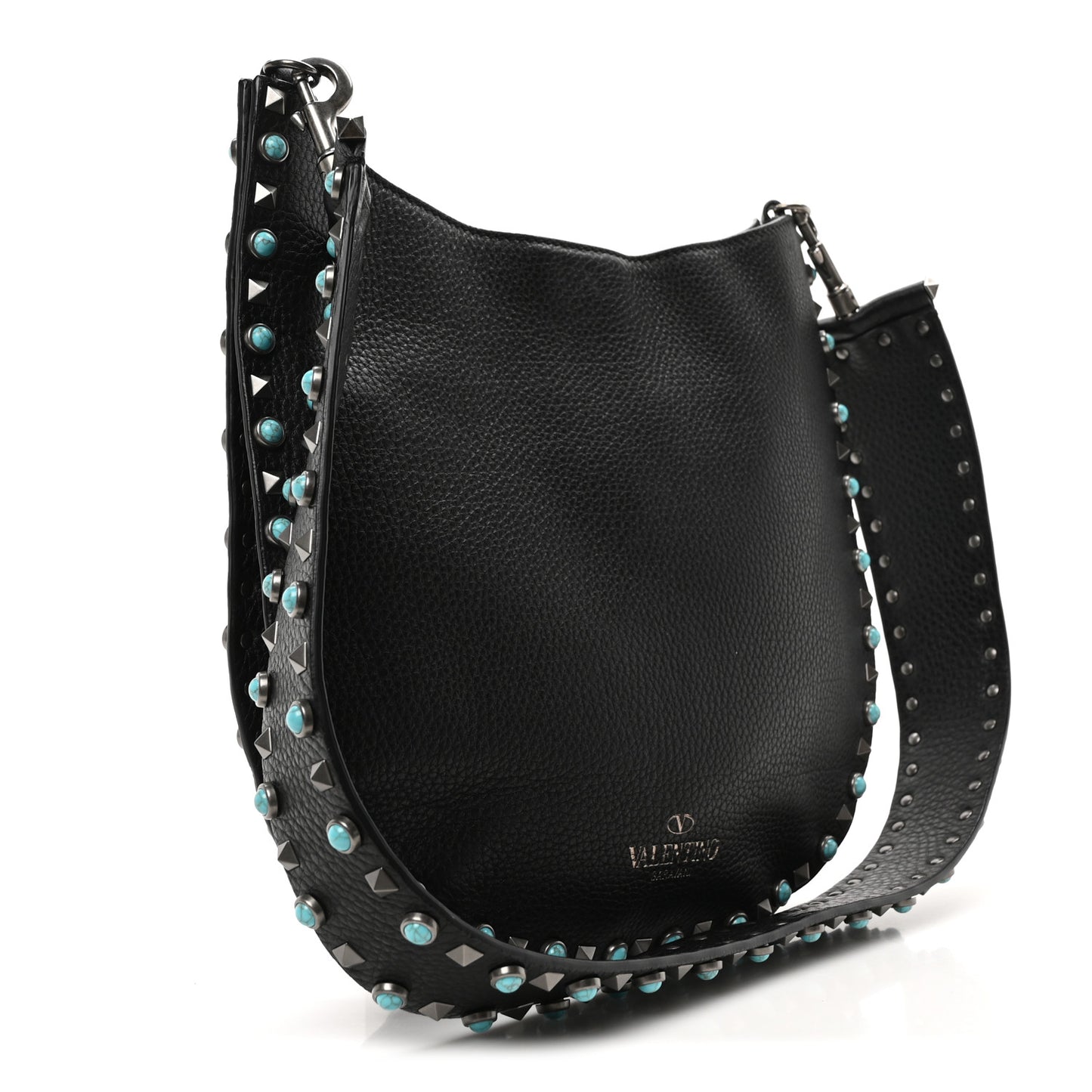 Grained Calfskin Turquoise Small Rockstud Rolling Flip-Lock Messenger Black