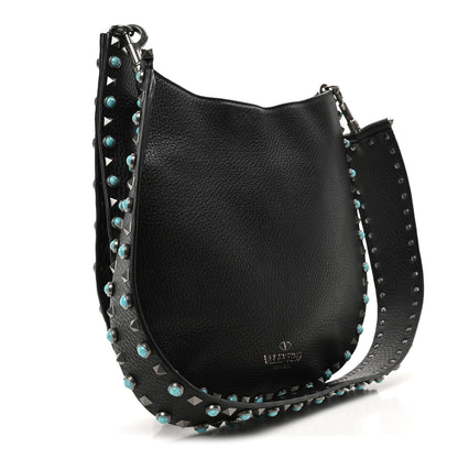 Valentino Garavani Grained Calfskin Turquoise Small Rockstud Rolling Flip-Lock Messenger Black 3 of 9
