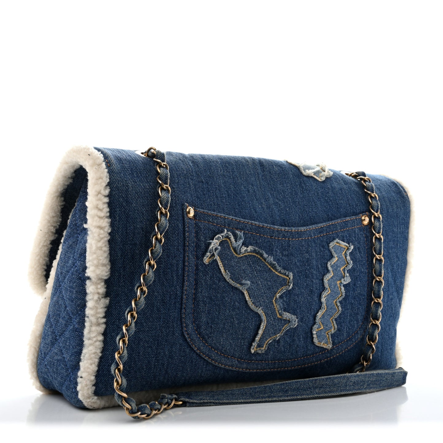 Denim Shearling Hieroglyph Flap Blue