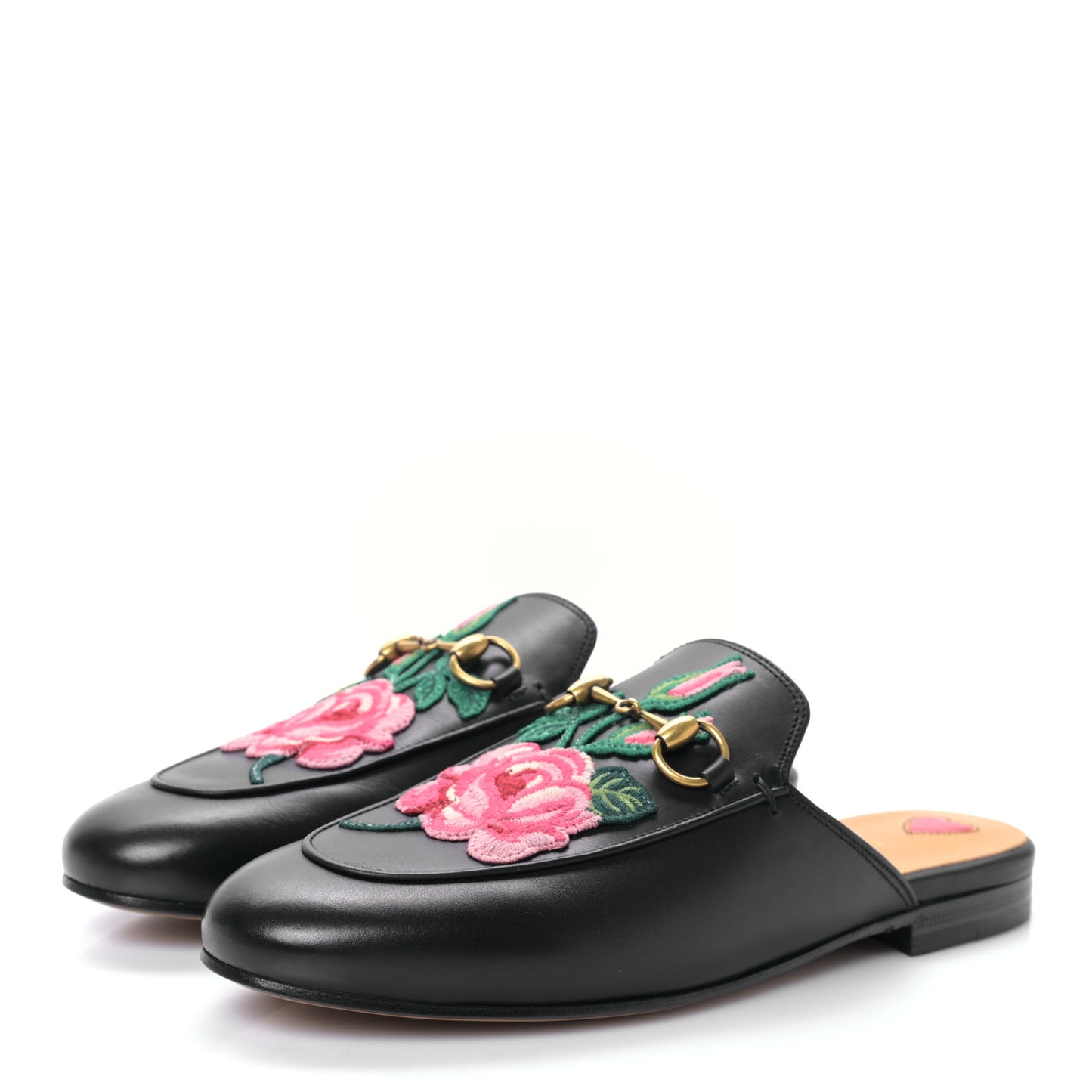 Calfskin Flower Embroidered Princetown Slippers 37 Black