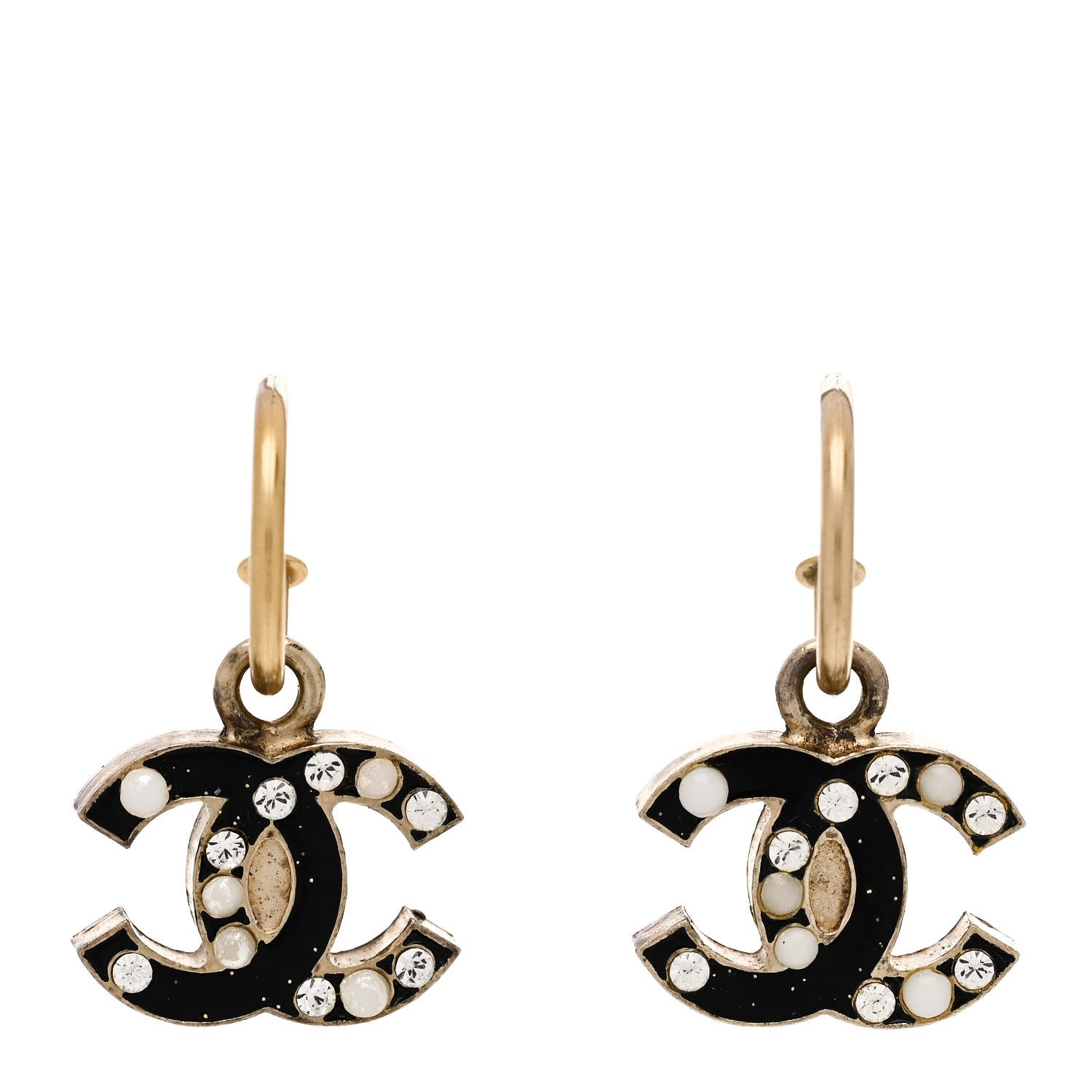 Chanel Glitter Enamel Pearl Crystal CC Drop Earrings  Black 1 of 5