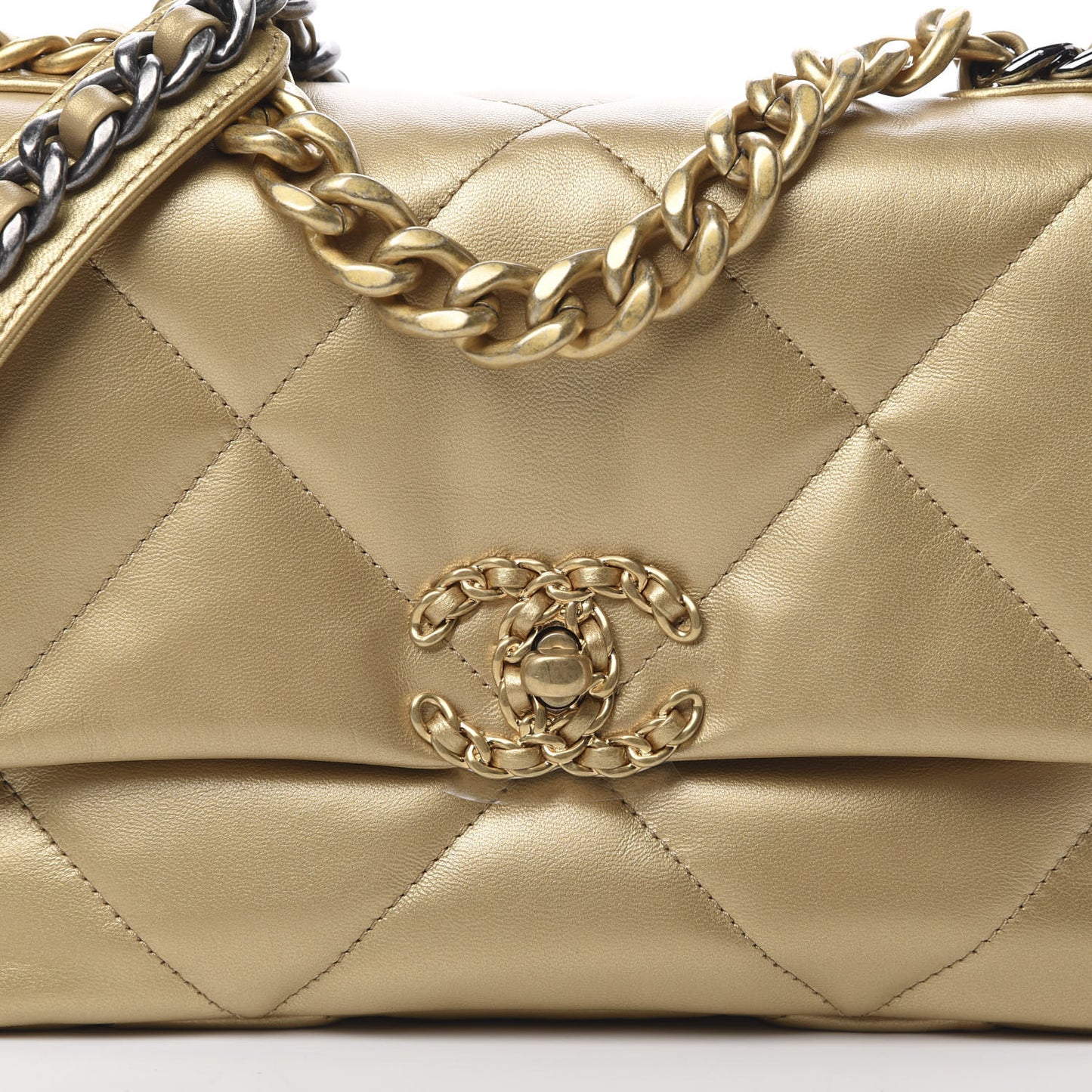 Metallic Goatskin Quilted Medium 19 Flap Gold