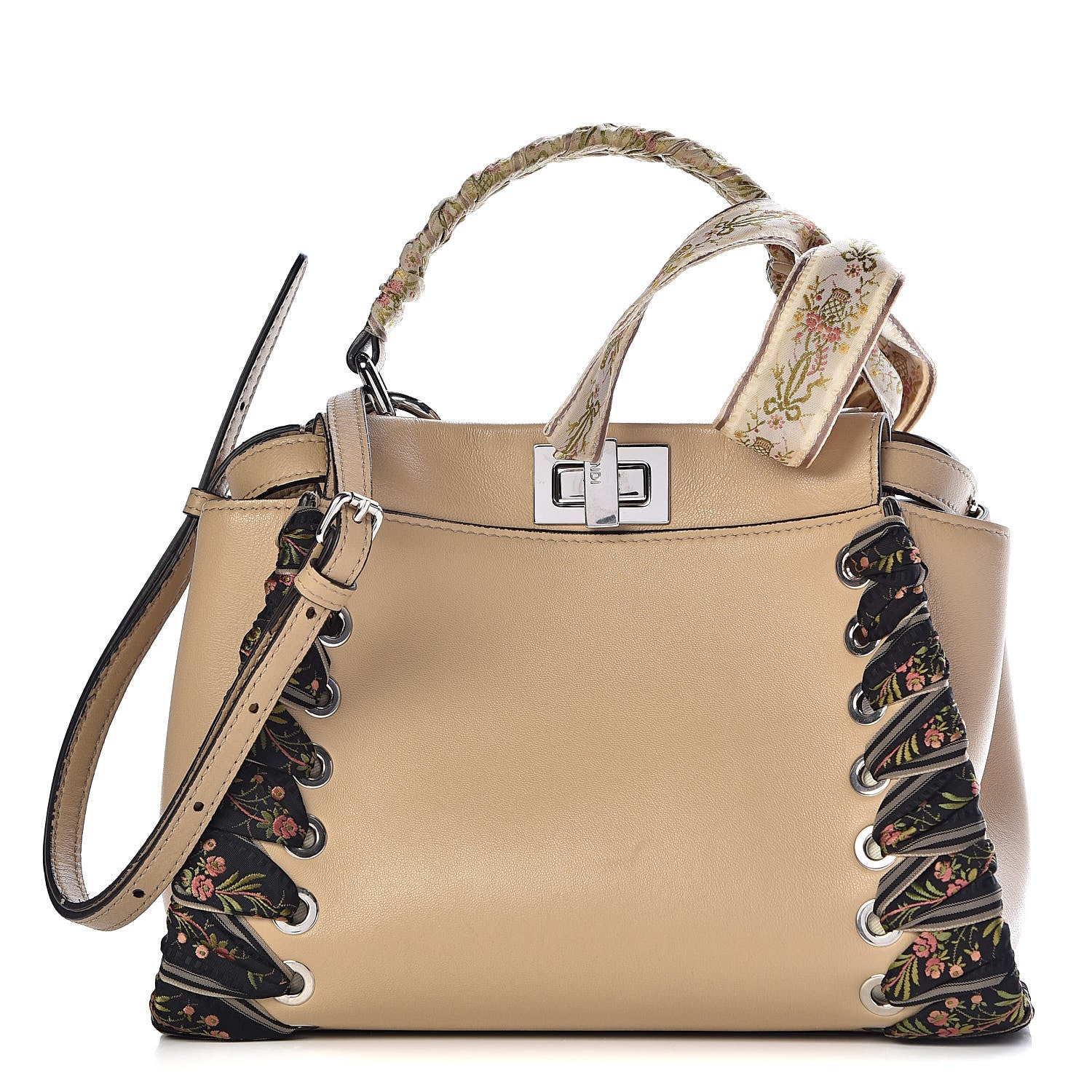 Fendi Nappa Ribbon Lace Up Mini Peekaboo Iconic Satchel Beige 1 of 10