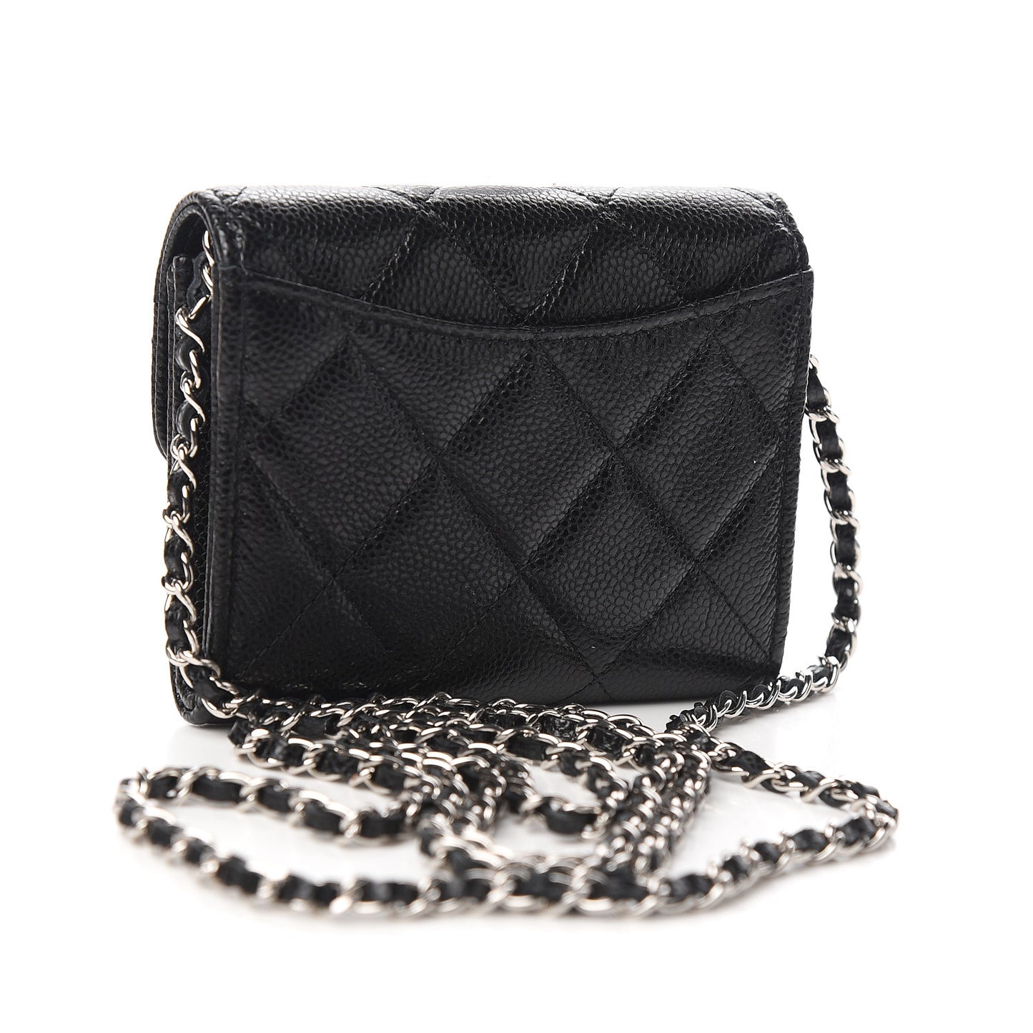 Caviar Quilted Flap Card Holder On Chain Black