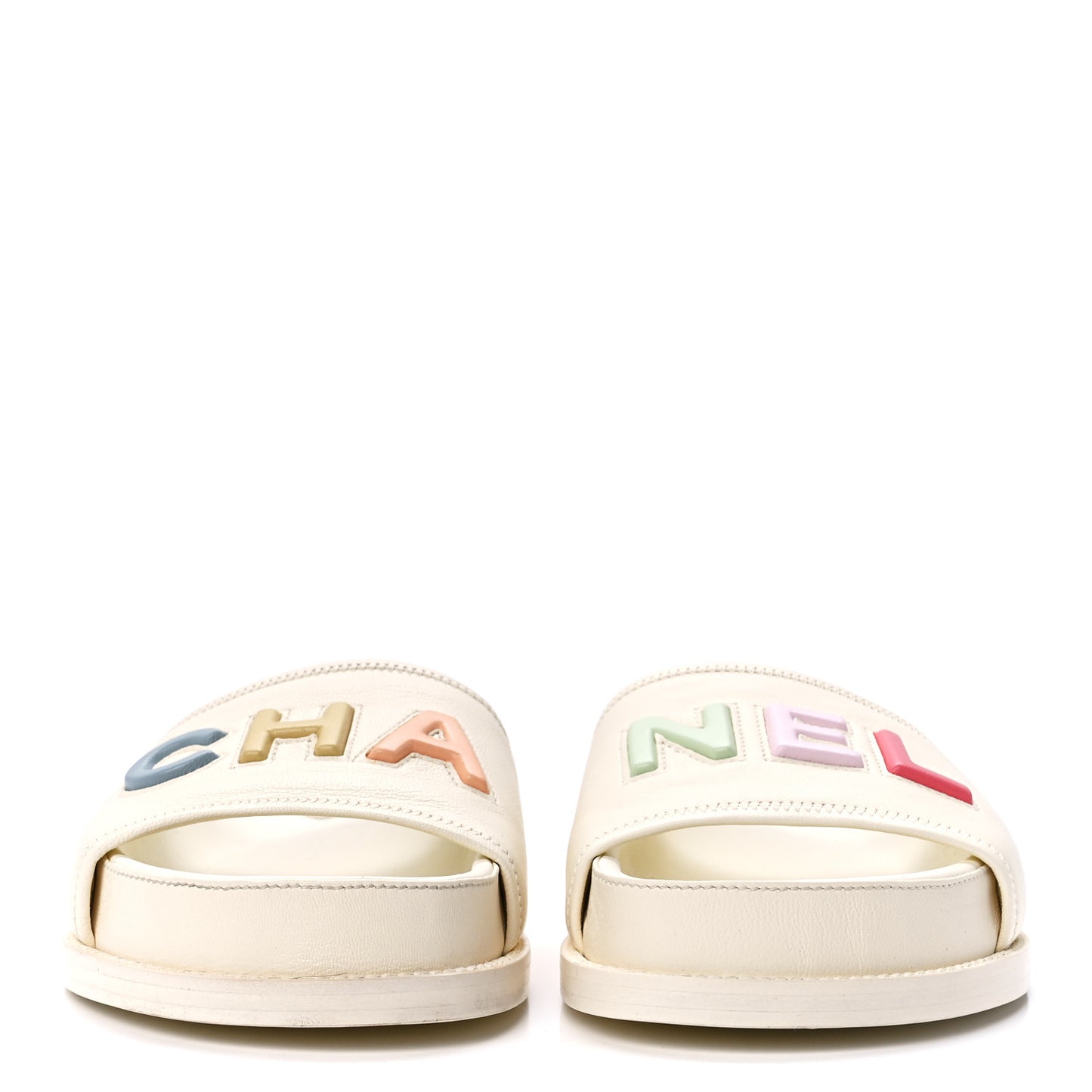 Lambskin Cha-Nel Mule Sandals 38.5 Ivory Multicolor