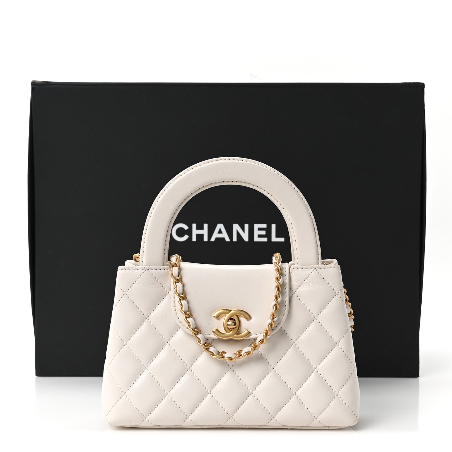 Shiny Aged Calfskin Quilted Nano Kelly Shopper White