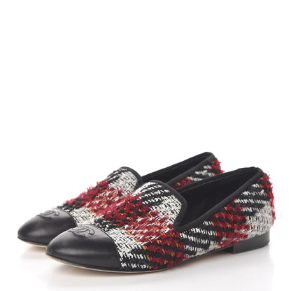 Chanel Tweed Cap Toe Loafers 38 Red Black 3 of 15