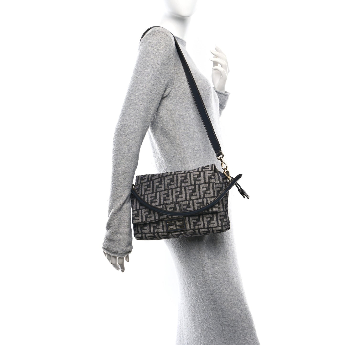 Denim Effect Fabric Jacquard FF Vitello Grace Medium Mamma Baguette Dark Blue