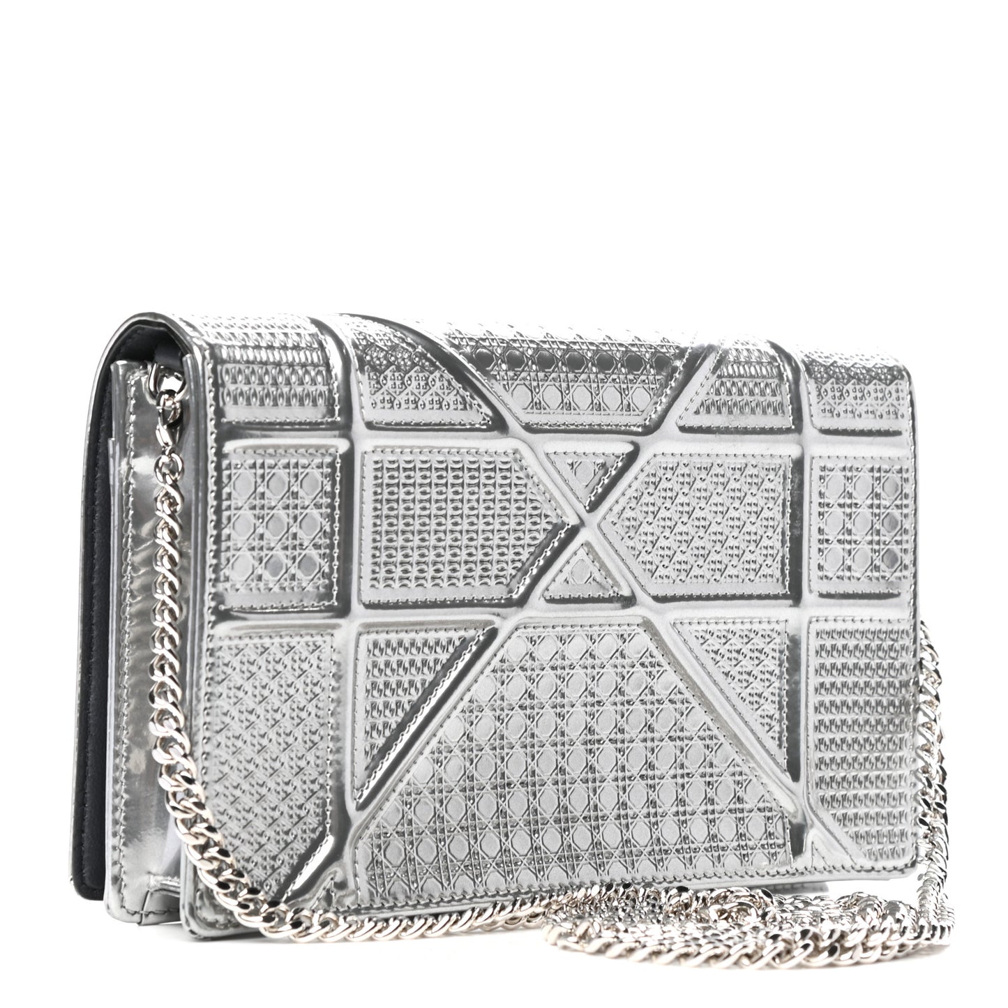 Metallic Patent Micro-Cannage Diorama Wallet on Chain Pouch Silver