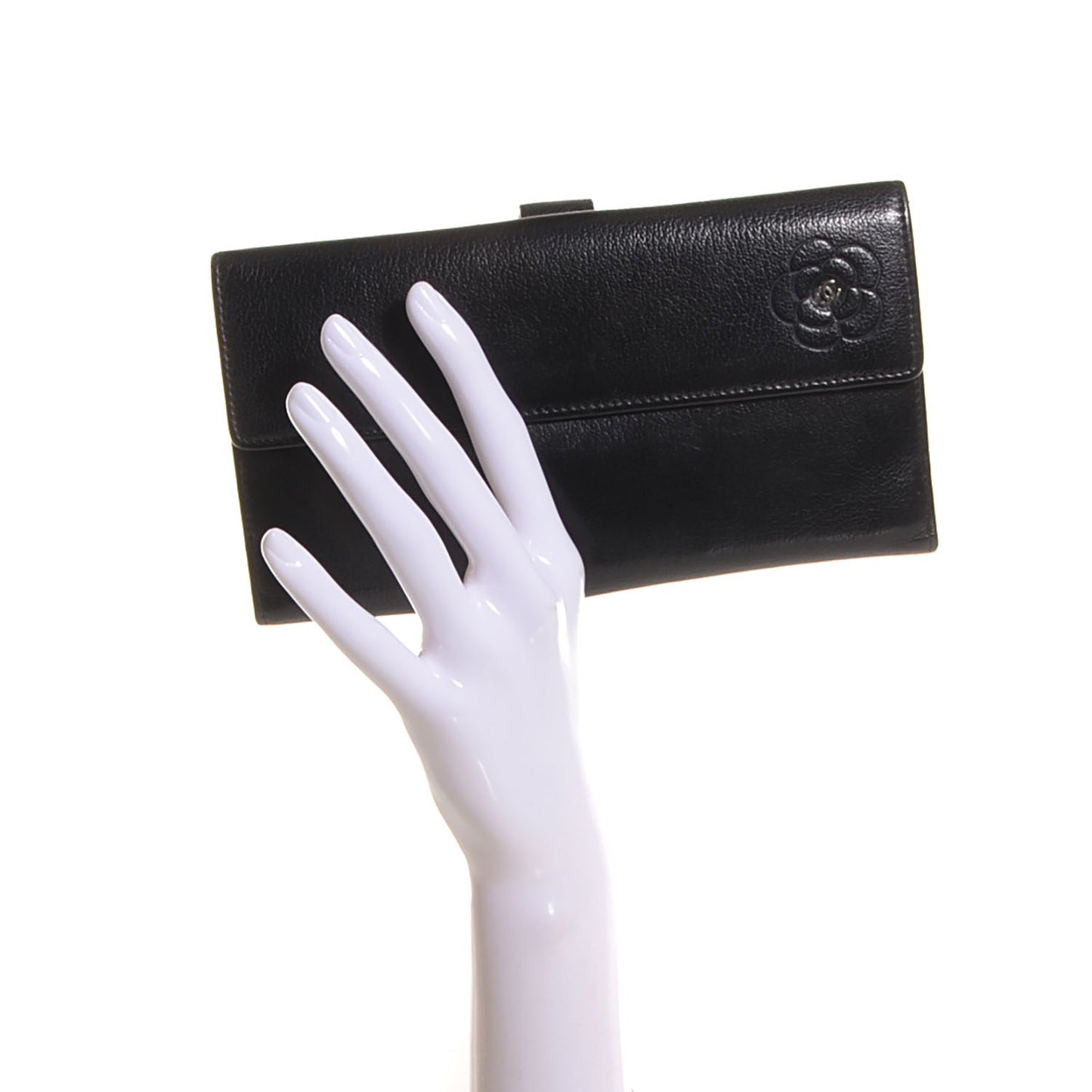 Goatskin Camellia Embossed Flap Wallet Black