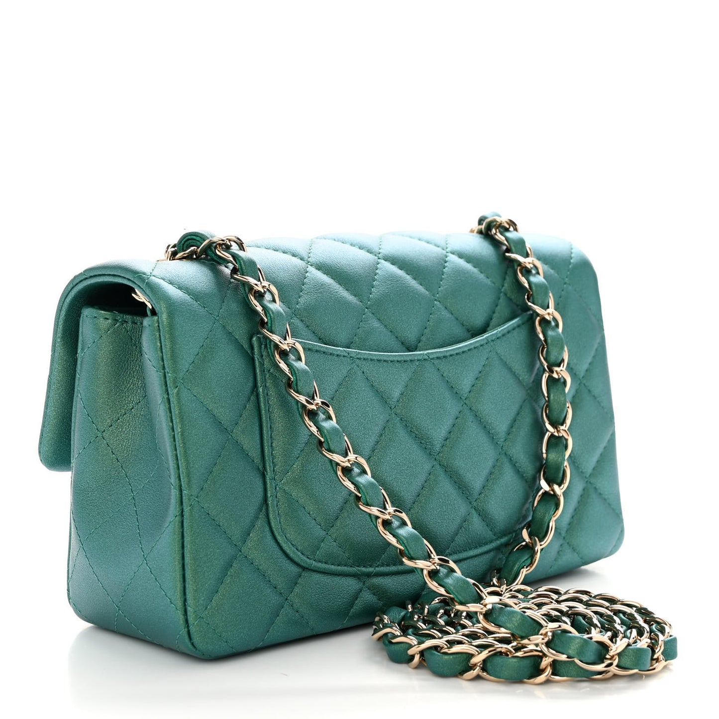 Iridescent Calfskin Quilted Mini Rectangular Flap Green