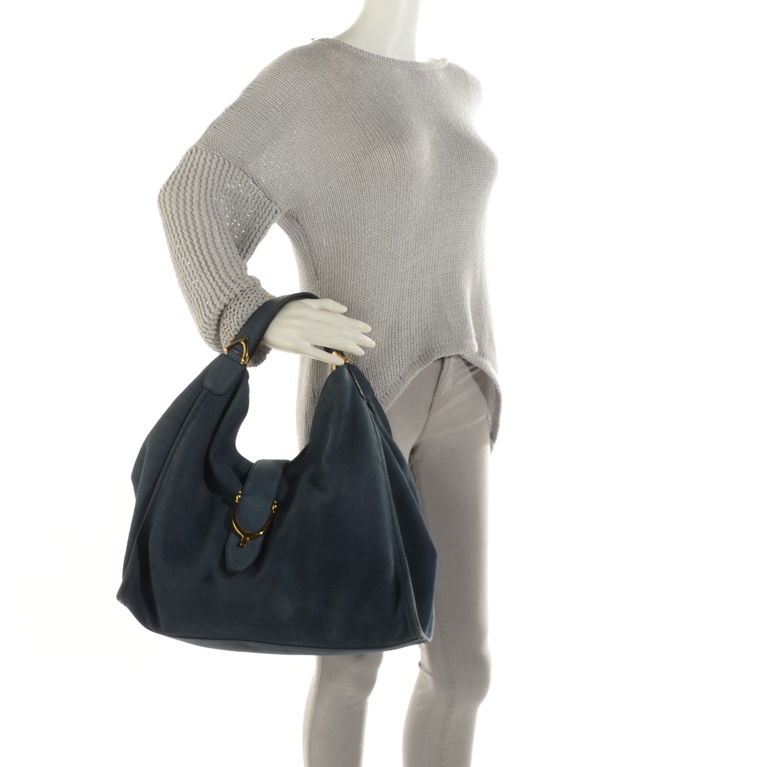 Gucci Nubuck Large Soft Stirrup Shoulder Bag Navy 2 of 7