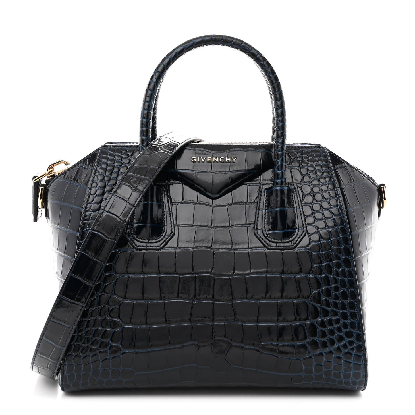 Calfskin Crocodile Embossed Small Antigona Navy