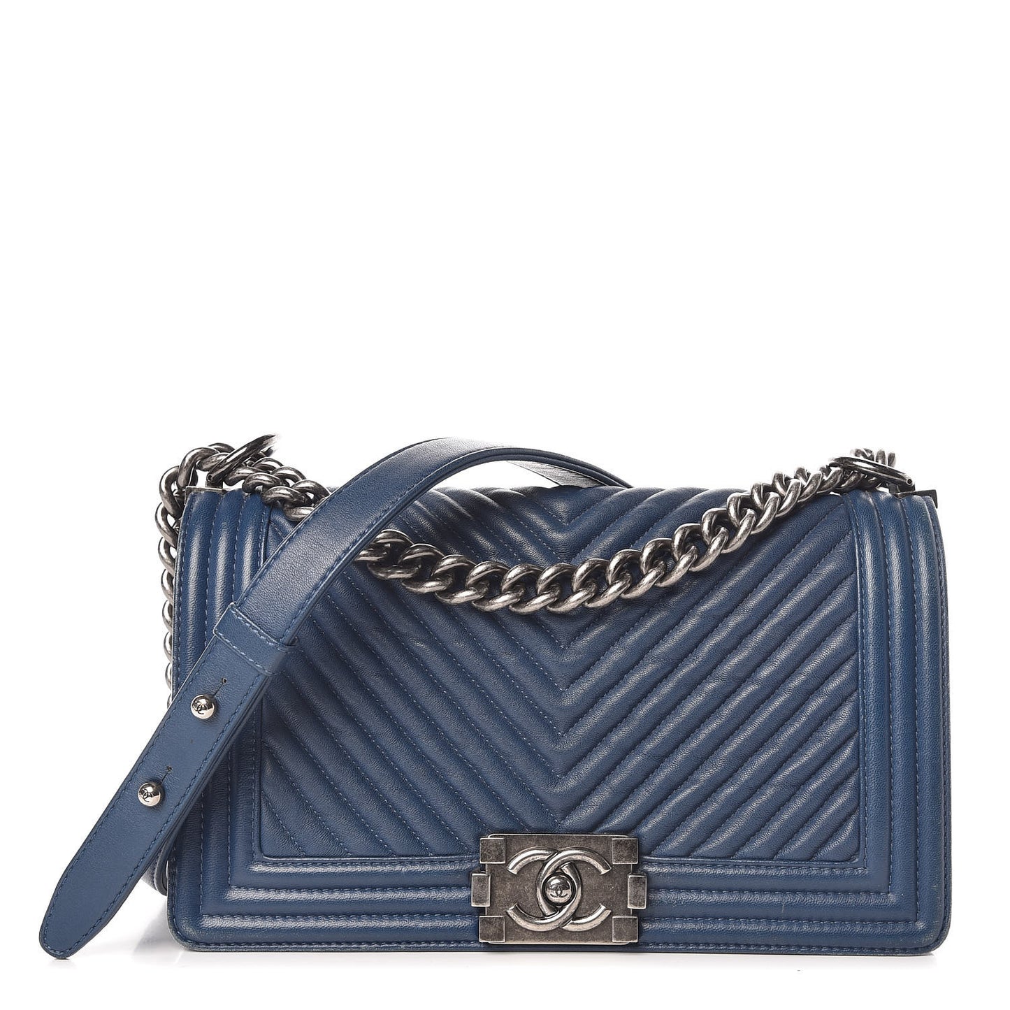 Wrinkled Lambskin Chevron Quilted Medium Boy Flap Navy