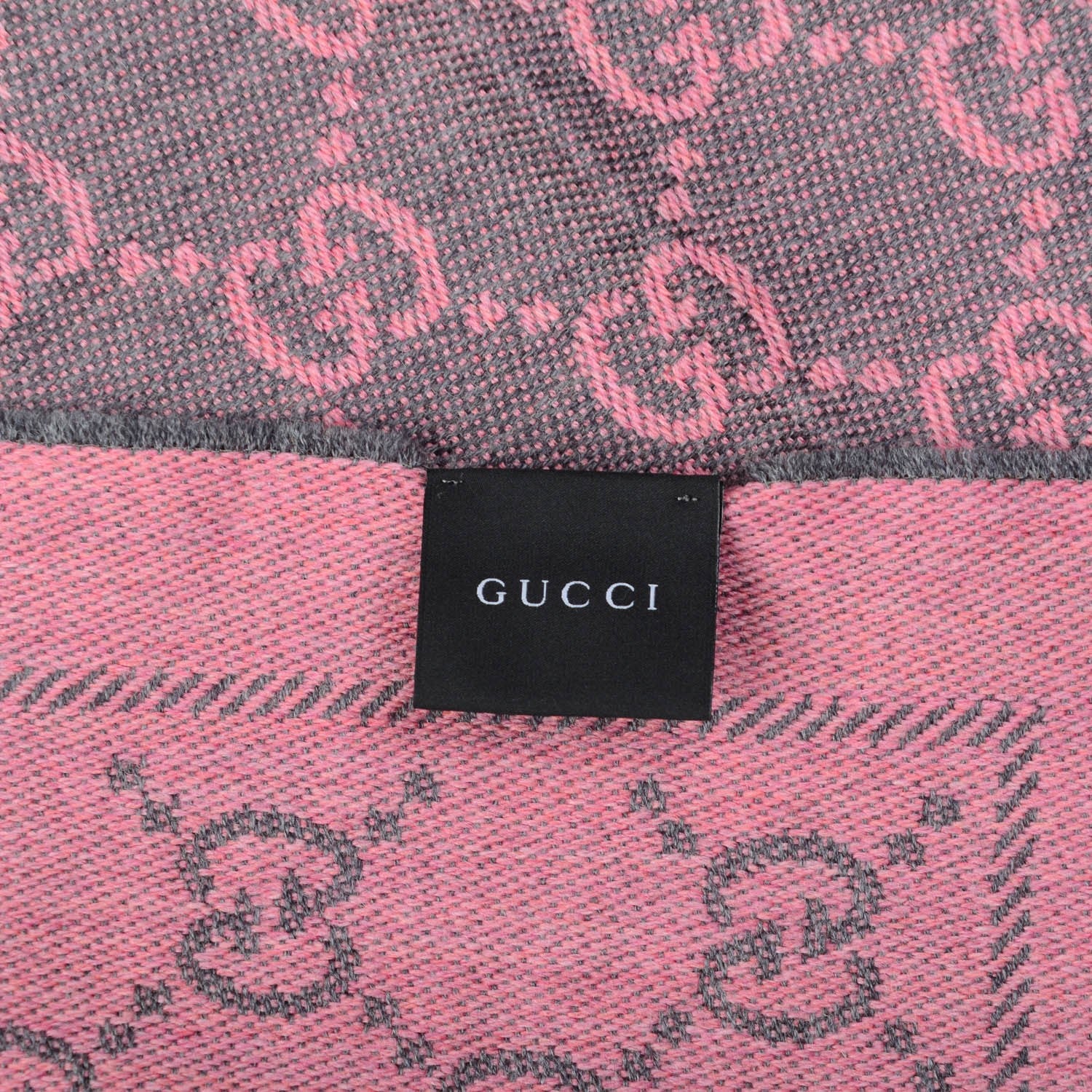 Gucci Wool Jacquard GG Monogram Sten Fringe Scarf Graphite Pink 4 of 5