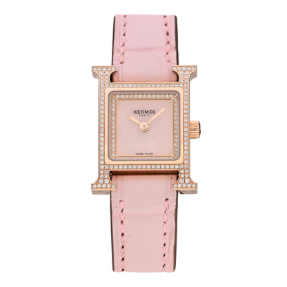 Hermes 18K Rose Gold Alligator Diamond Bezel Rose Opal 17.2mm Heure H Hour Quartz Watch Rose Pale 1 of 5