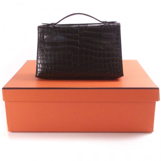 Hermes Crocodile Kelly Pochette Clutch Brown 2 of 8