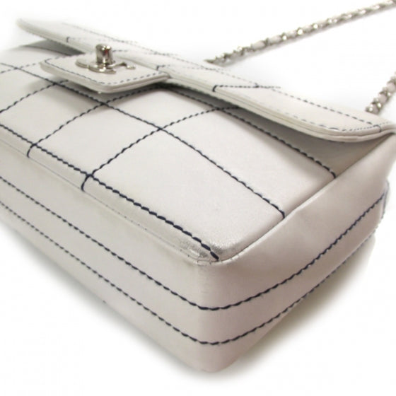 Lambskin Contrast Stitch Medium Flap White