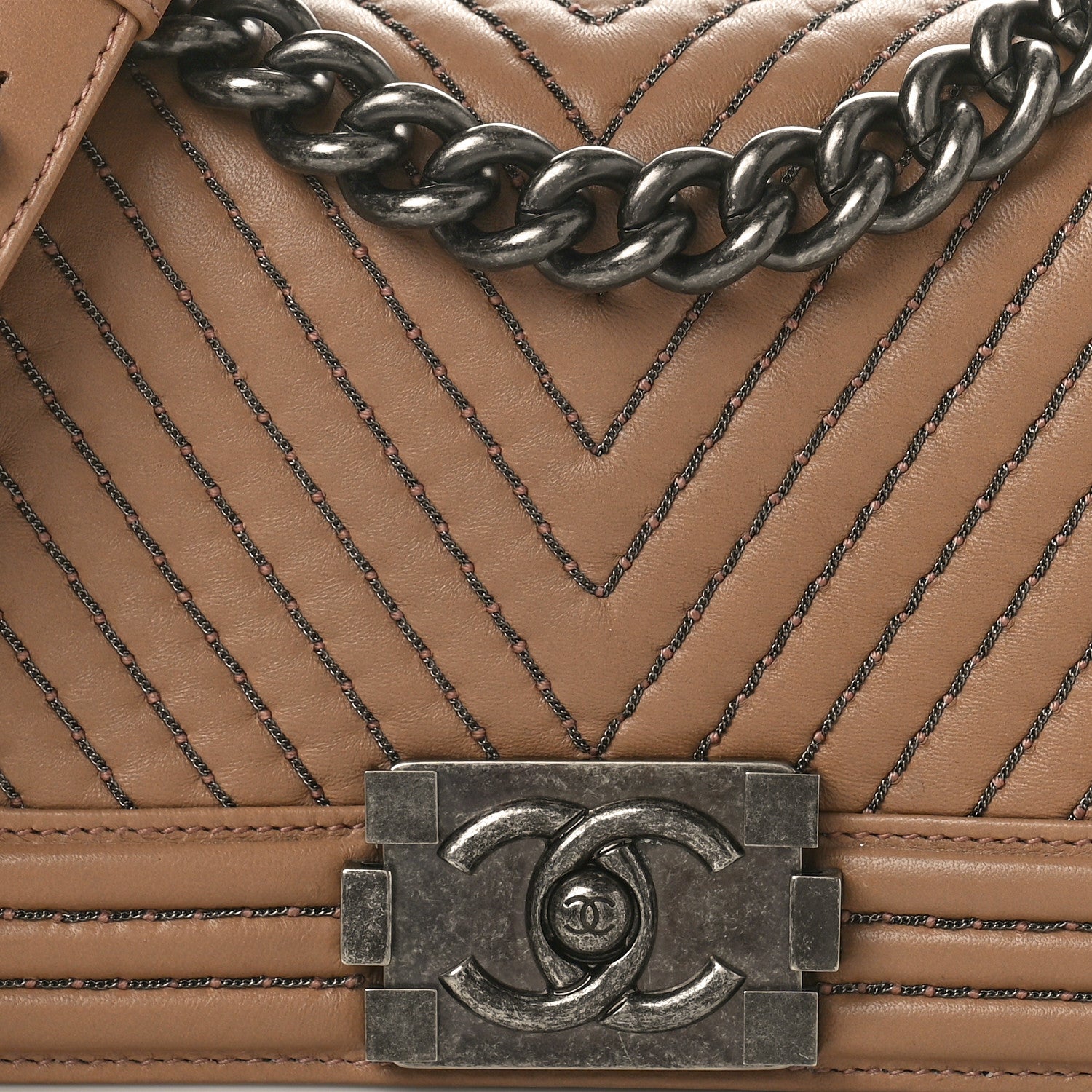 Chanel Calfskin Chain Chevron Small Boy Flap Dark Beige 8 of 12